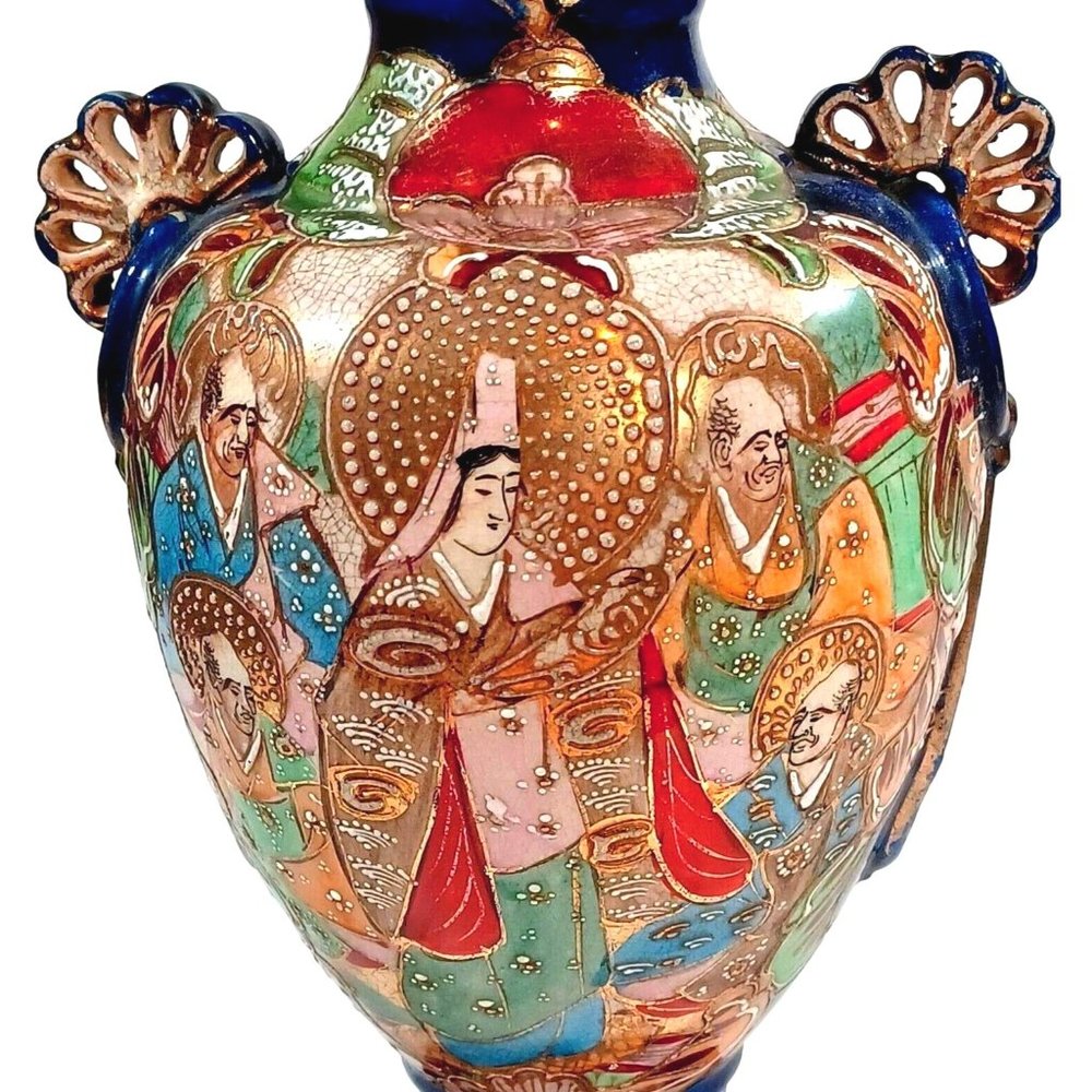 Antique Famille Immortals Japanese Satsuma Moriage Cobalt Blue Vase 12" Vintage - Picture 3 of 9